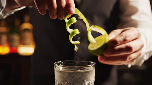 Bartender squeezing lime juice into a cocktail glass.