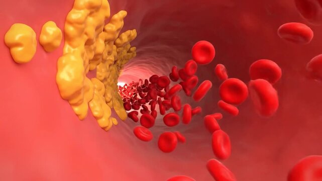 Macro 3D Animation Inside Human Artery Showing Red Blood Cells Flowing and Yellow Cholesterol Plaque Blockage