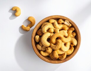Fototapeta premium Top view of Roasted cashew nuts in wooden bowl with pile of cashew nuts on white background.