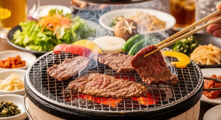 Juicy beef yakiniku grilling over charcoal, beef short ribs close-up with smoke and sizzling meat juices
