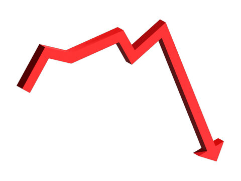 A three dimensional red arrow pointing downwards on transparent background