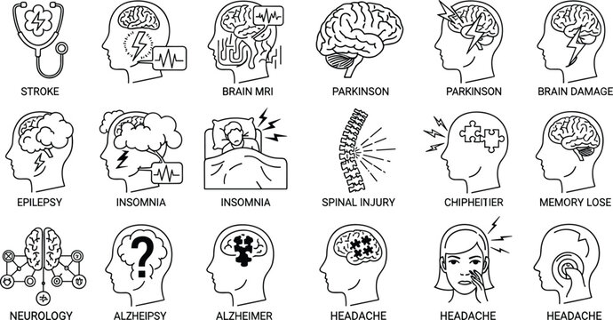 Black line icons for neurology featuring brain disorders stroke epilepsy alzheimer parkinson insomnia and neurological health symptoms
