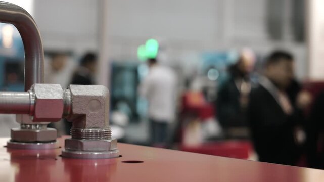 Close up of industrial metal pipe fitting on machinery during engineering or manufacturing technology exhibition.
