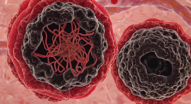 cells micrograph pink tissue closeup circular red yellow structures macro view