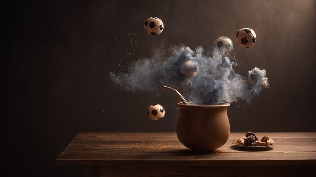 Surreal concept. Argentinian mate with yerba mate in the shape of smoke, small soccer balls and pieces of meat on a small plate.