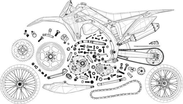 Detailed vector wireframe illustration of a disassembled motorcycle including frame engine gears wheels and mechanical hardware components