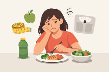 Sad woman with no appetite for a new diet, feeling unhappy and frustrated with healthy food, weight loss struggle concept with measuring tape, scale, and apple, flat vector illustration design.