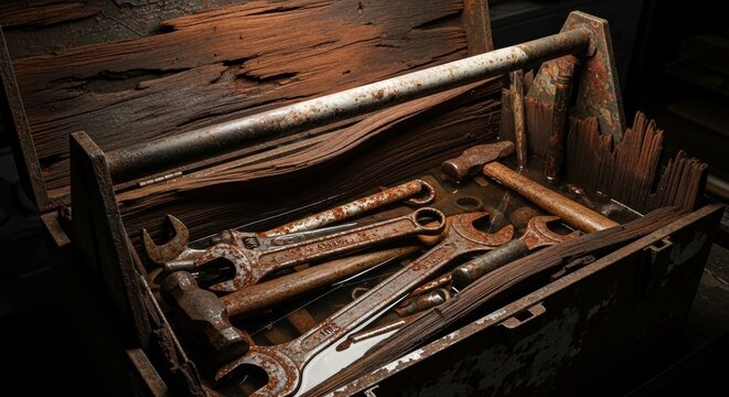 Old Rusty Hand Tools And Wrenches Submerged In Water Inside A Weathered Wooden Toolbox In A Neglected Industrial Setting