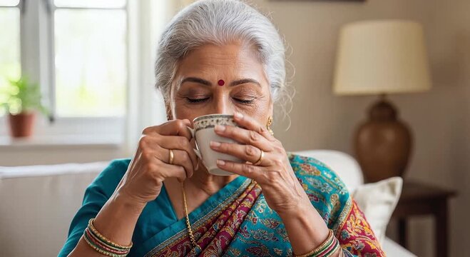 elderly indian woman in sari enjoying tea at home in a cozy living room