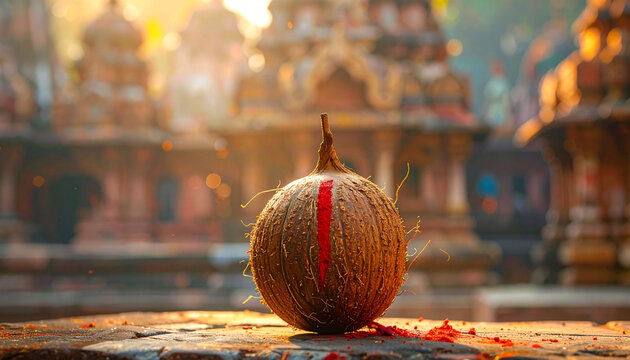 Sacred Coconut Offering in a Temple Setting with Blurred Background and Religious Significance