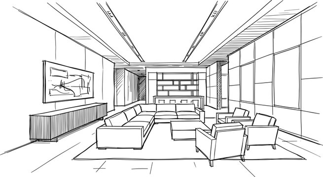 Modern executive lounge interior featuring a large sectional sofa, contemporary armchairs, recessed lighting, and a minimalist architectural layout.