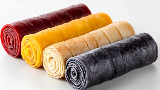 Various rolled fruit snacks arranged in a row on a white surface near natural light