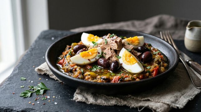 Traditional Tunisian Salade Mechouia with Tuna, Eggs and Olives