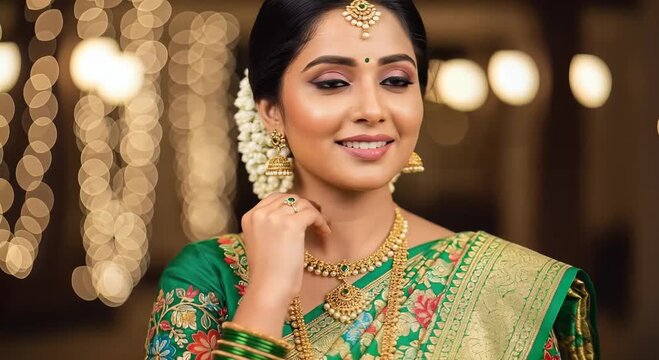 indian bride in green saree with gold jewelry under warm bokeh lights