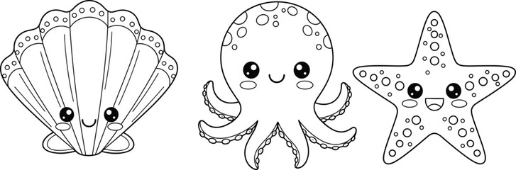 Cute Sea Creatures Coloring Page for Kids featuring Kawaii Shell Octopus and Starfish Characters in Simple Line Art Vector Style © Rekha