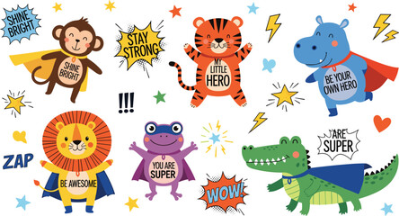 Fototapeta premium Cute Superhero Animals Vector Set featuring Monkey Tiger Hippo Lion Frog and Crocodile with Motivational Phrases and Comic Style Elements