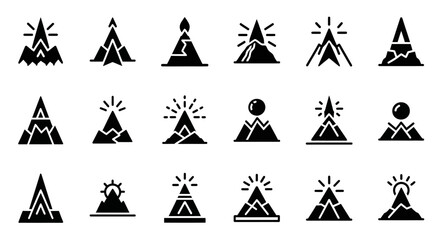 Collection of black tent icons on white background representing camping and outdoor activities from various viewpoints © Steven