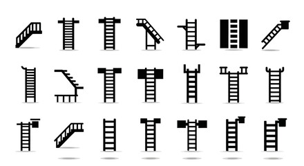 Collection of various black ladders and staircases depicted from different viewpoints and angles in a plain setting © Steven