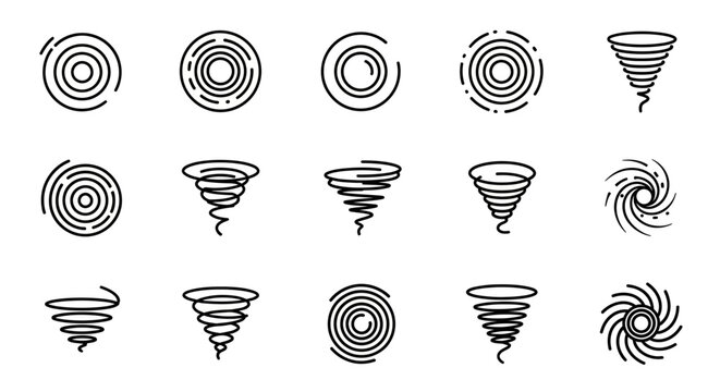 Collection of various tornado illustrations depicted from different viewpoints and styles