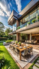 Fototapeta premium A photo of a luxurious modern house exterior featuring a spacious dining area and an meticulously landscaped garden The sleek facade is adorned with
