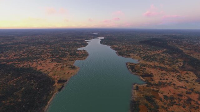 Sunset aerial shot of Barrage de Dalwak in Dapaong. Togo