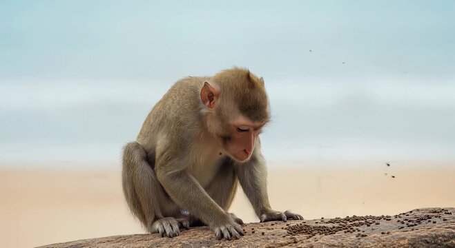 monkey on tropical beach gazing at the ocean in a calm wildlife moment