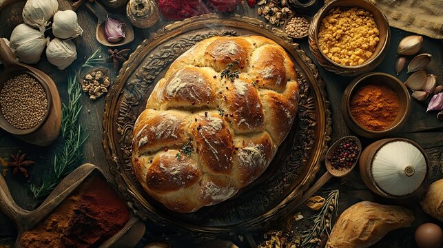 Warm Challah Bread with Spices, Rustic Tabletop.