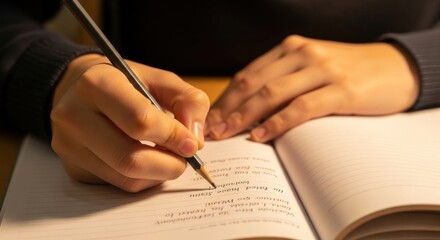 Naklejka premium A person writing in a notebook with a pen.