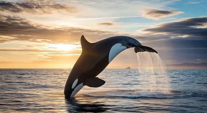 orca breach at sunset over calm ocean dramatic marine wildlife splash