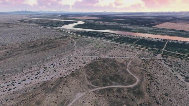 Circular aerial drone view at sunrise of Blythe Intaglios in California. United States