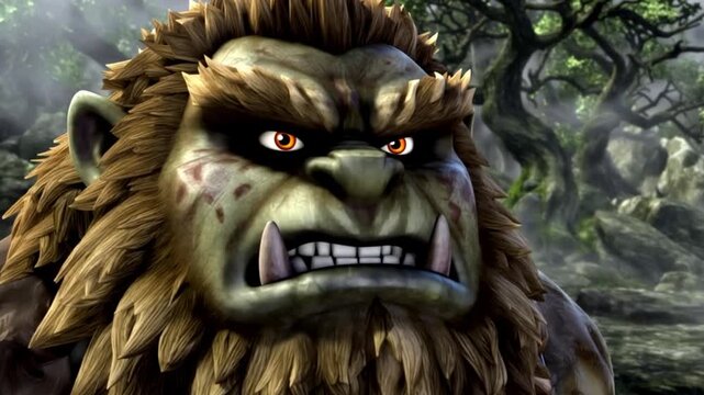 Angry troll attacking in a dark forest