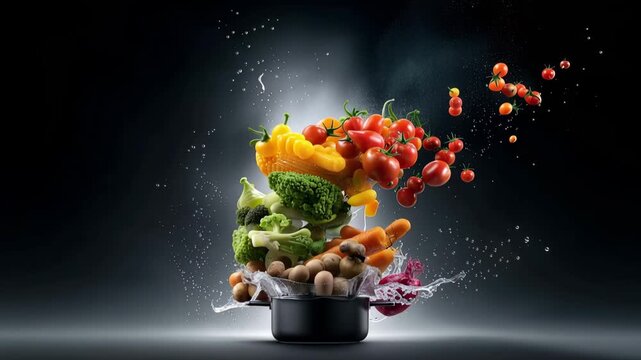 Fresh vegetables jump into a pot while water splashes around in a dark kitchen setting