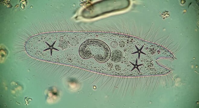 paramecium under microscope in green microbe frame, ciliate single cell