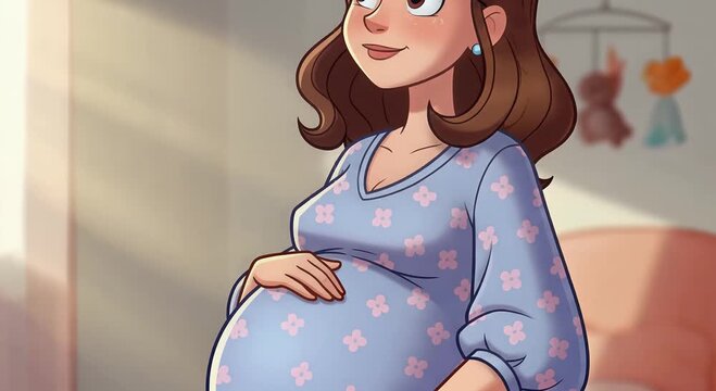 pregnant woman at home with baby bump in blue floral dress