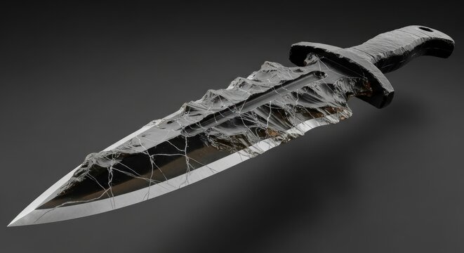 A knife with a dark, jagged blade and a handle with a rough texture, set against a dark background.