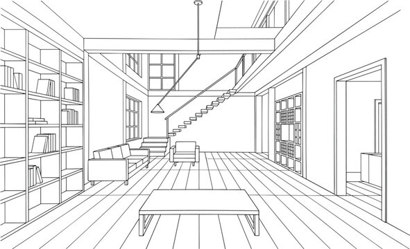 Sophisticated interior perspective of a luxury double-height living room featuring a floating staircase, built-in bookshelves, and floor-to-ceiling windows.