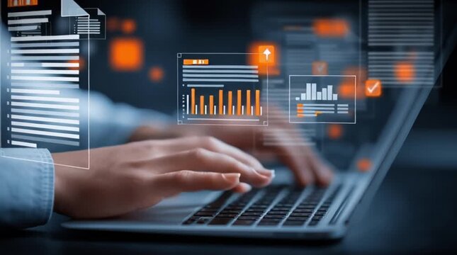 Typing on Laptop with Digital Documents and Data Visualizations Above Keyboard Modern Technology, Data Management, and Information Workflow on Screen with Hands in Action
