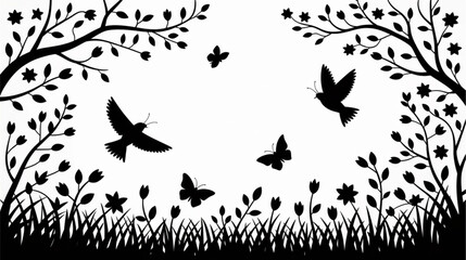 Black silhouette illustration of butterflies and flowers isolated on White Background