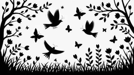 Vector silhouette illustration of birds, trees, and flowers isolated on White Background