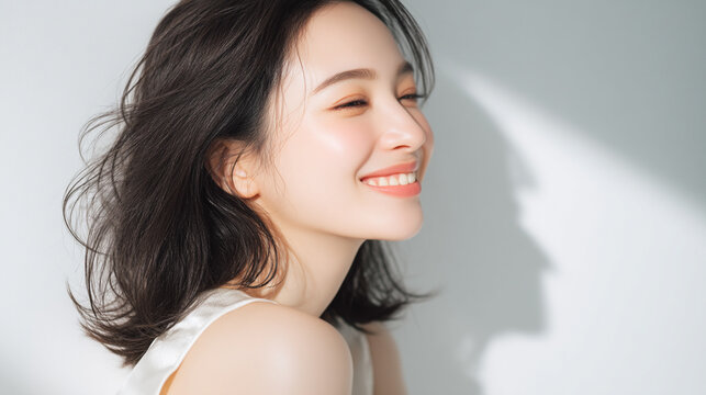 清潔感と透明感のあるみずみずしい白い肌の女性の横顔。 美容、スキンケア、素材