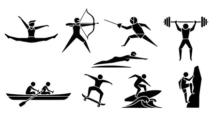 Naklejka premium Snowboarding, Dirt Biking, Cycling, Wall Climbing, and Surfing Poses Arranged in Grid