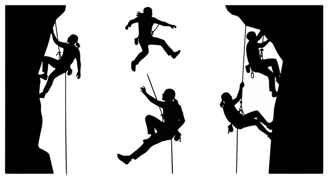 Dynamic Black-and-White Illustration of Five Climbers and Rappellers in Action on a Cliff Face, Showing Climbing, Jumping, and Descending Movements in a Horizontal Composition