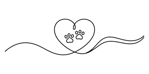 Elegant one line drawing of a heart shape containing two small animal paw prints Vector, illustration © Jotish_Design Store