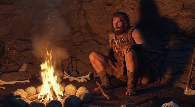 stone age hunter by campfire in a cave - primitive campfire scene