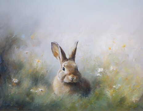An abstract painting of a rabbit sitting in a field of grass and flowers.