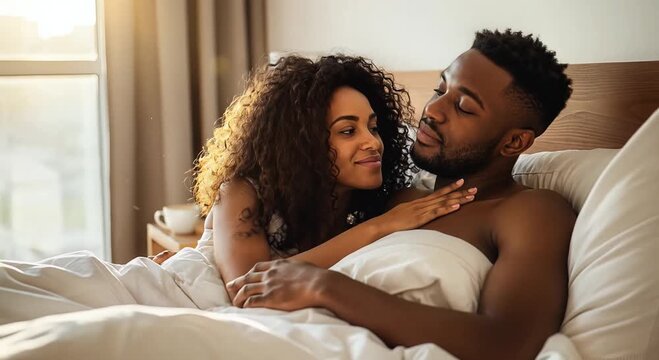 sunlit bedroom couple cuddling in bed intimate morning romance