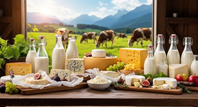 A variety of dairy products and fresh fruits on a wooden table with a scenic mountain and cow background.