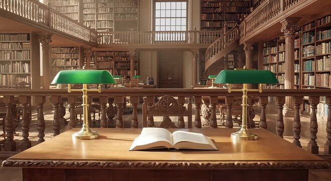 Sunlit classical library interior with bookshelves, arched window and study lamps
