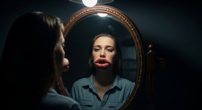 Woman looking at her reflection with enlarged lips in mirror. Beauty obsession and body dysmorphia concept. Psychological struggle with plastic surgery outcomes and self image issues.