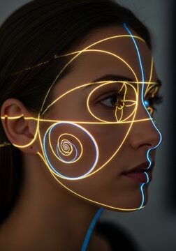 Woman with glowing golden ratio lines projected on face. Geometric spiral analysis of facial beauty and symmetry. Concept of science, mathematics, aesthetic proportion and technology.